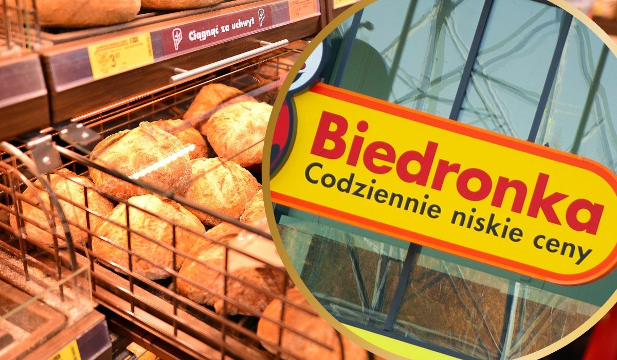 Pieczywo i szyld Biedronki
