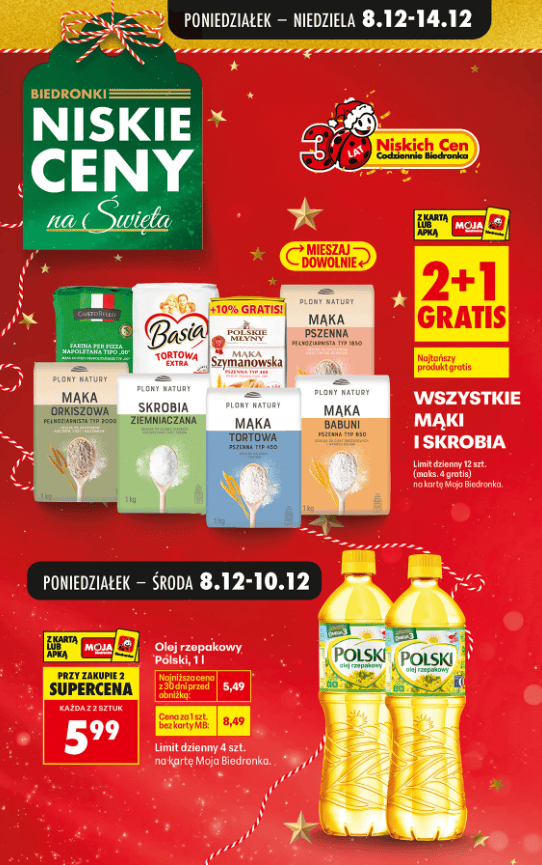 Biedronka zaszalała przed świętami. Olej, mleko i mąka za grosze, a do tego "2+1 gratis"