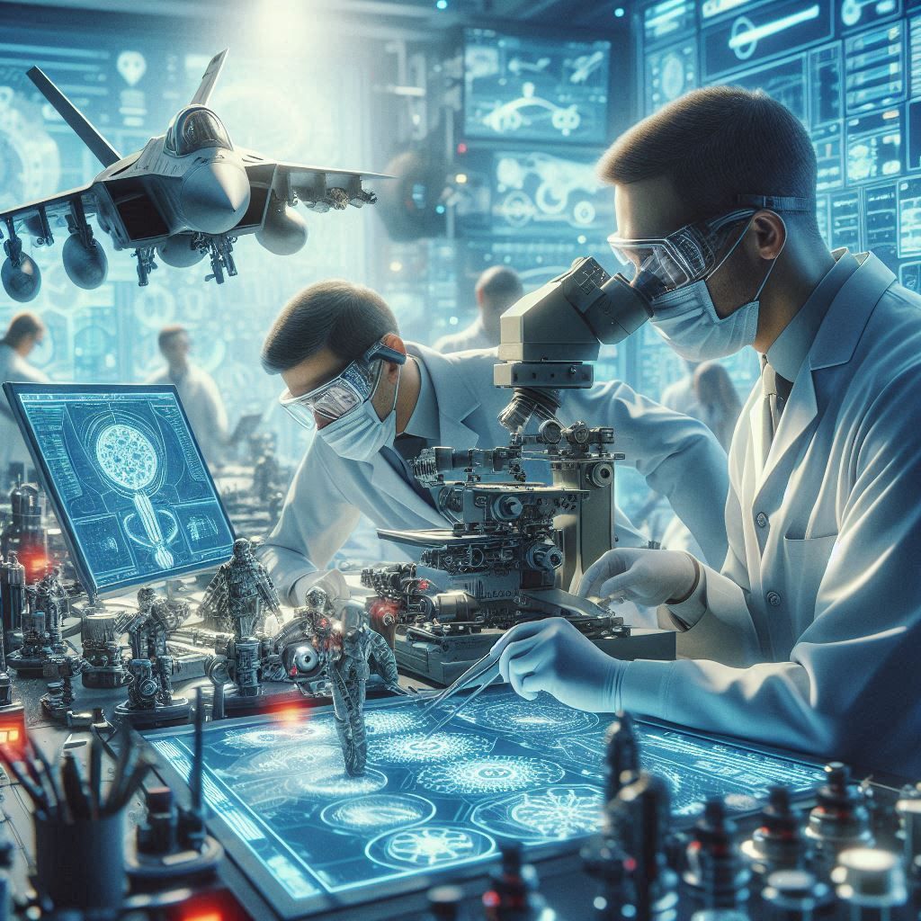 fotorealistyczny obraz naukowców pracujących w laboratorium nad wojskowymi technologiami.png