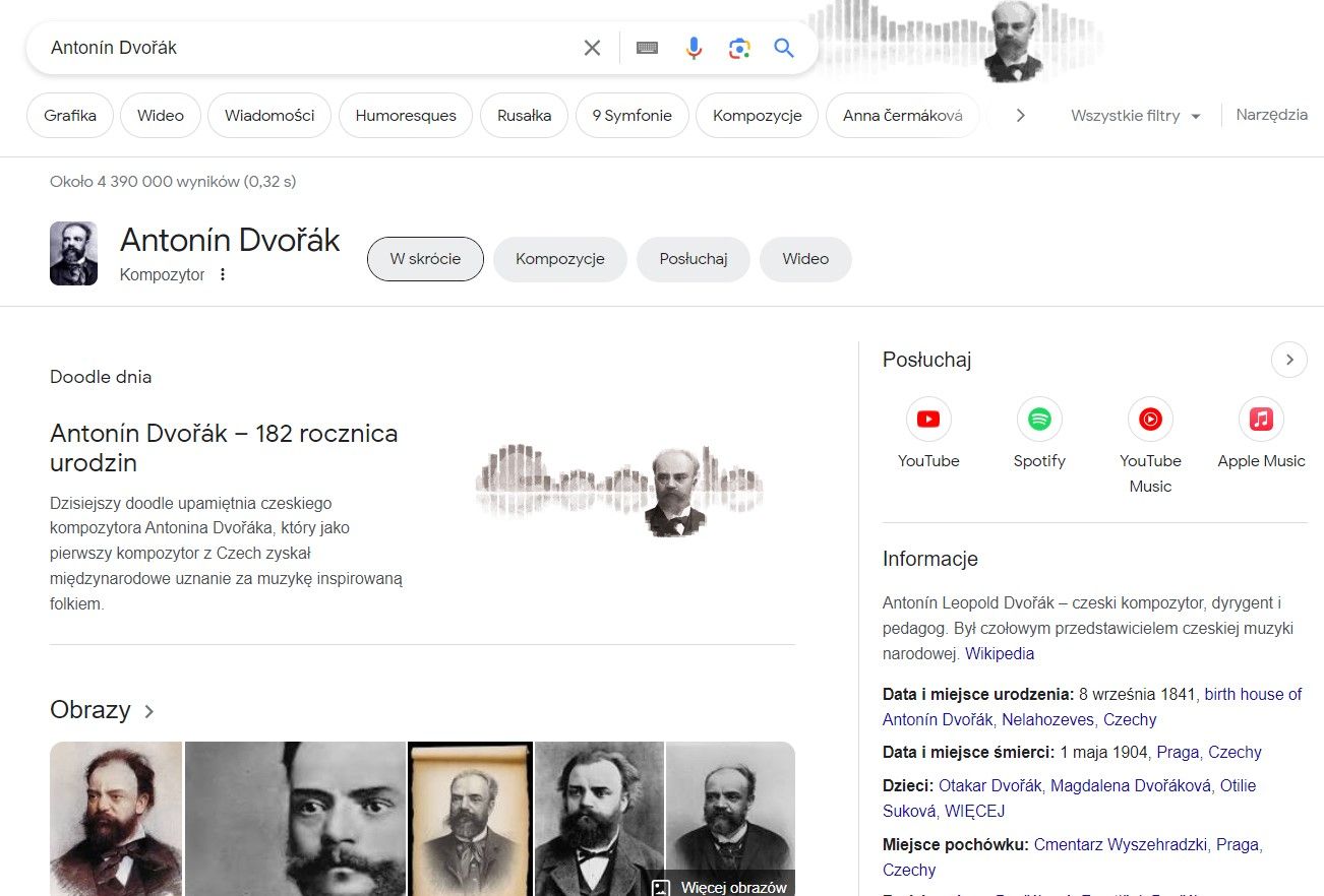 Antonín Dvořák – 182. narozeniny, Google Doodle věnované skladateli a Google stránka plná informací a fotek o Dvořákovi