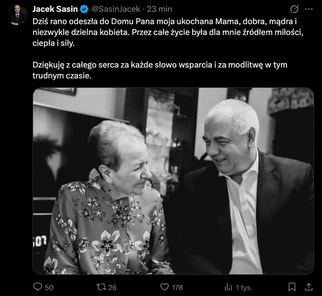 Jacek Sasin w żałobie. "Odeszła dziś rano". Smutne wieści obiegły Polskę