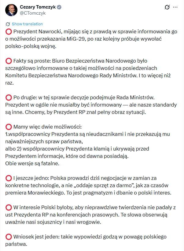 Karol Nawrocki oskarżony o kłamstwo w sporze o myśliwce MiG-29