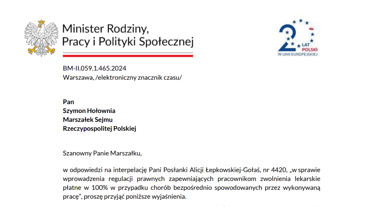 Zwolnienie lekarskie płatne w 100 proc. na nowe choroby zawodowe? Jest interpelacja poselska