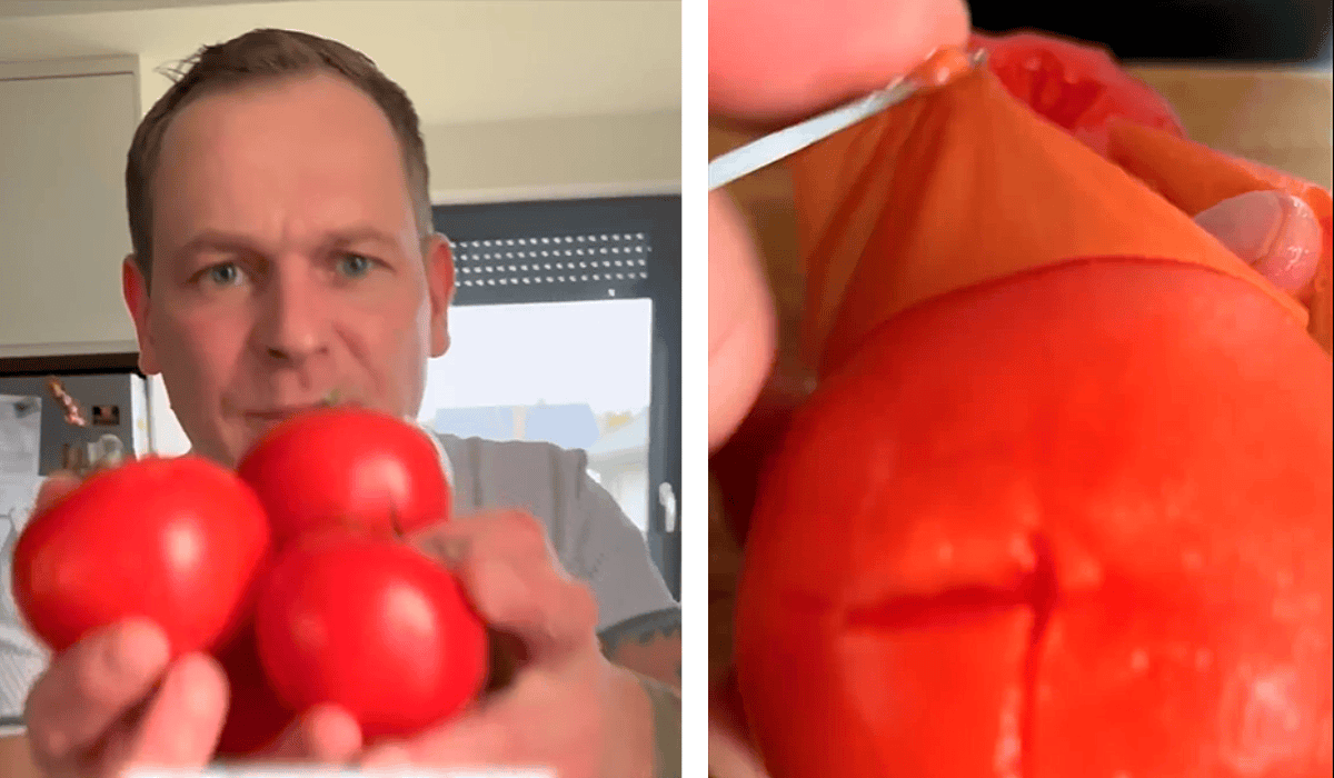 Piotr Ogiński obiera pomidora