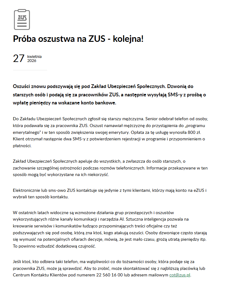 Obiecują wyższą emeryturę za 800 zł. ZUS ostrzega seniorów