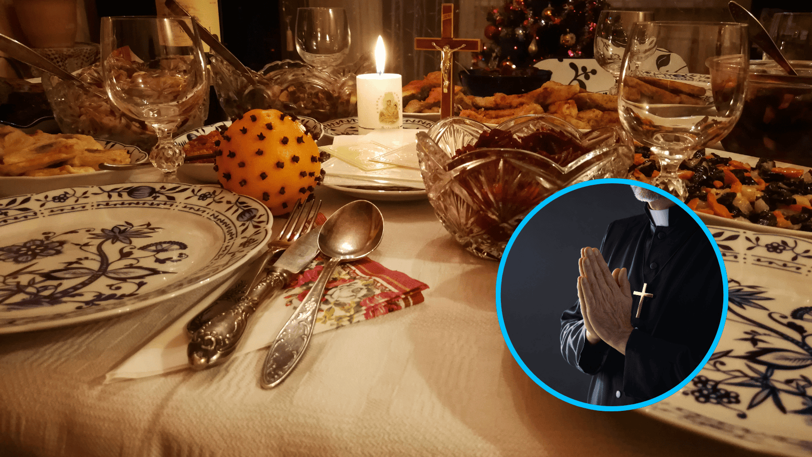 Wigilijny stół, w ramce modlący się ksiądz.