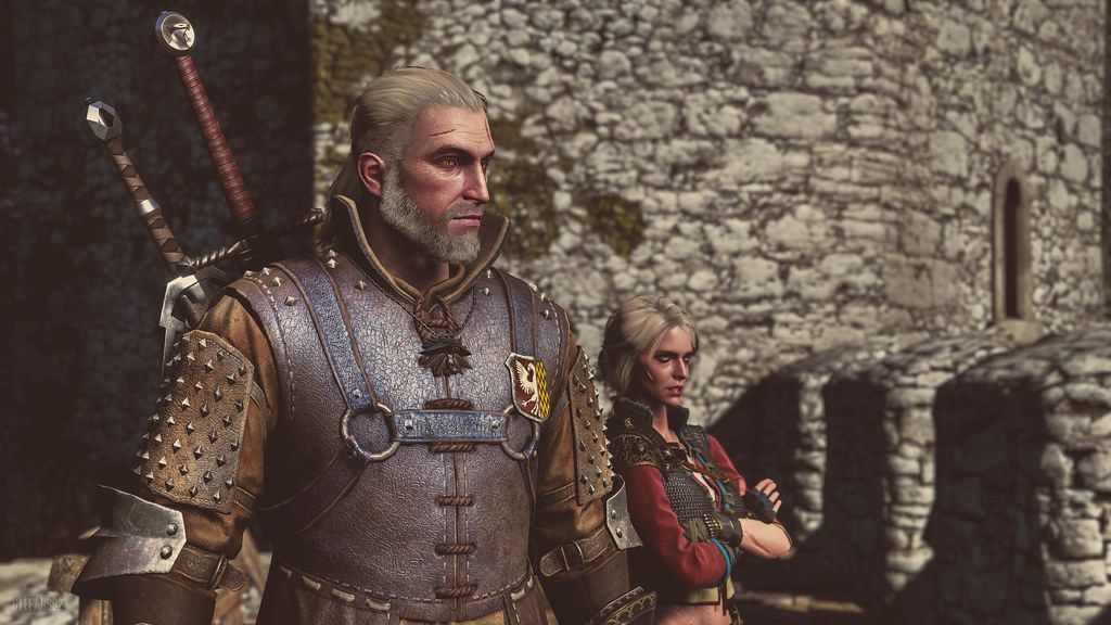 Kadr z gry Wiedźmin 3. Na pierwszym planie Geralt z Rivii, na drugim Ciri. Geralt ma na plecach dwa miecze.