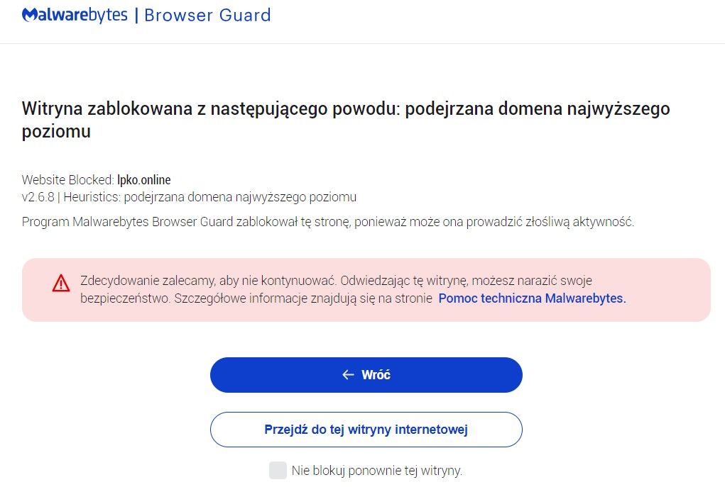 alert malware bytes browser guard o niebezpiecznej stronie www