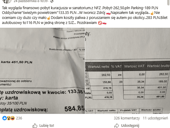 Po pobycie w sanatorium na NFZ pokazał rachunek. Taką doliczono opłatę. "Wygoda kosztuje"