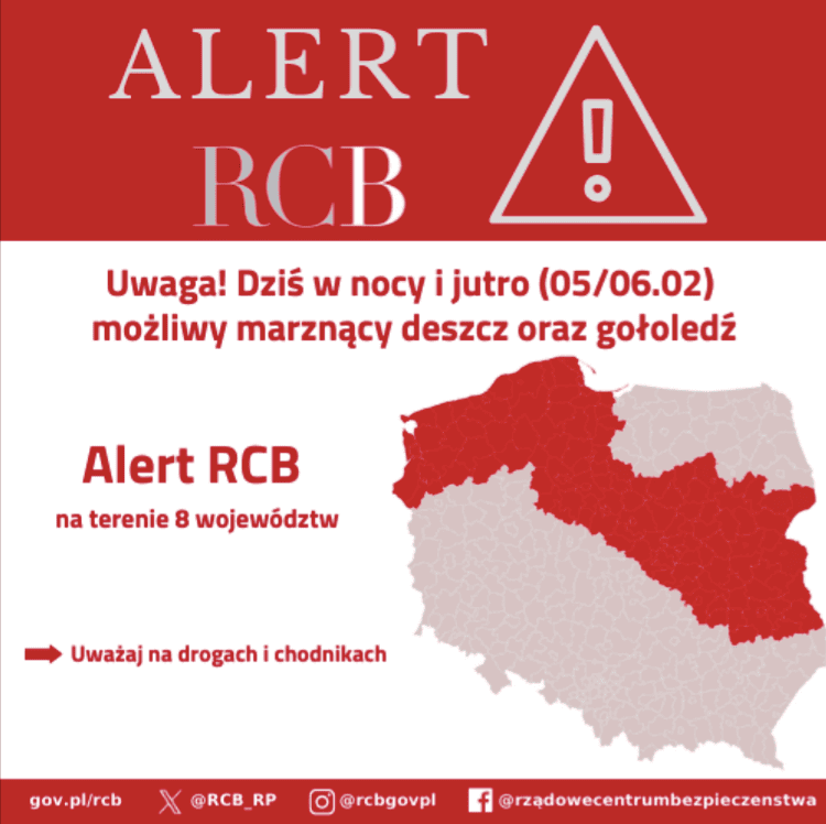 Marznące opady deszczu atakują Polskę. Nowy alert RCB dla ośmiu województw