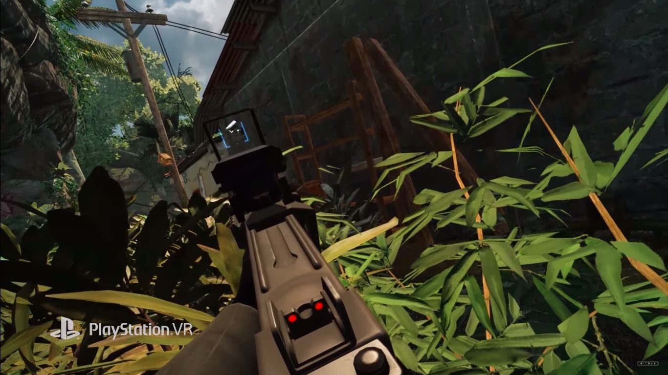 Screen ze zwiastuna Hitman 3 VR przedstawiający strzelaninę w egzotycznej scenerii