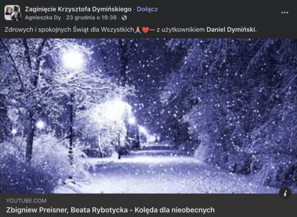 Tuż przed świętami mama Krzysztofa Dymińskiego napisała post. Internauci ruszyli ze słowami wsparcia